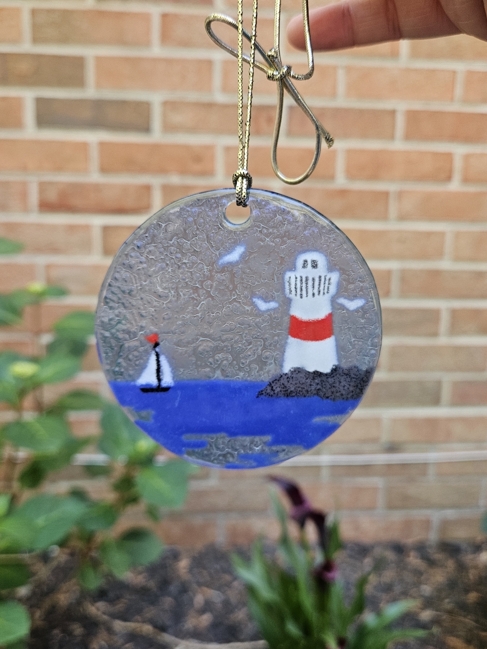 Handmade Fused Glass Lighthouse Suncatcher Ornament, Signed By Artist 3"